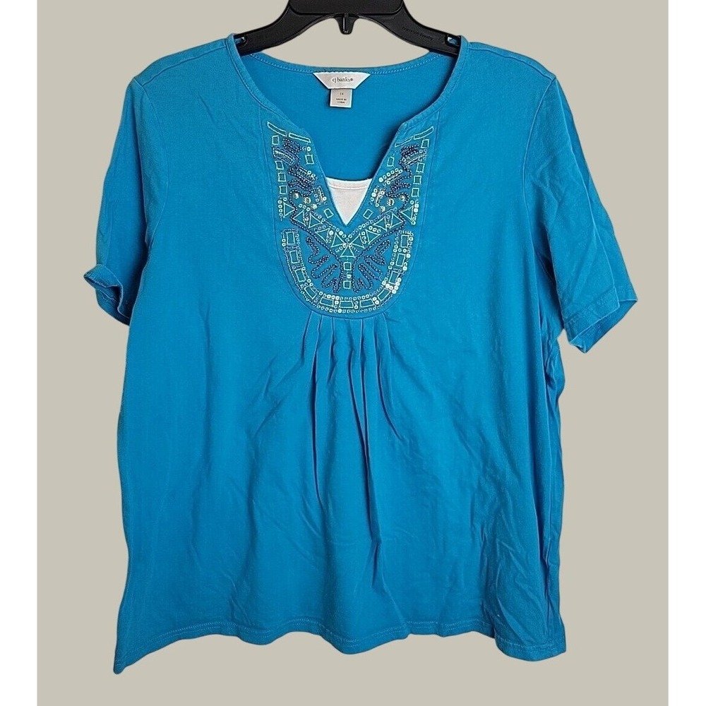 CJ Banks Top Beaded Sequin Boho Pleated Casual Short Sleeve Plus Size 1X Blue
